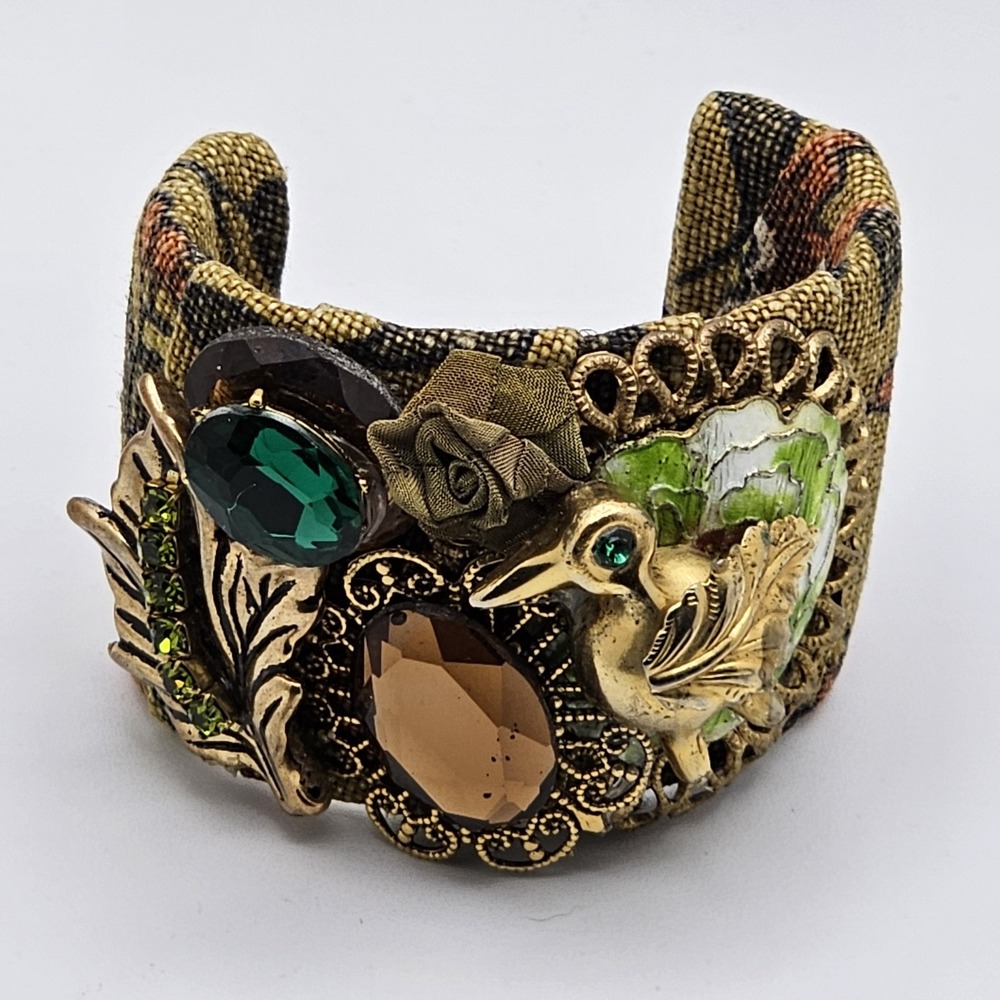 Vintage Boho Steampunk Runway Couture CUFF BRACELET Art Deco Gold Bird Jewels